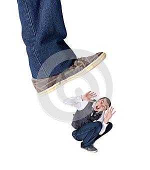 Isolated foot, squash and scared man with screaming, anxiety and problem by white background. Giant shoes, businessman