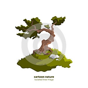Isolated forest tree. Fantasy landscape with old oak. Bonsai in cartoon style on white background