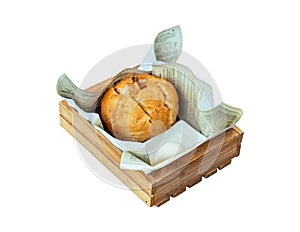 Isolated fresh baked bread served with butter in wooden box