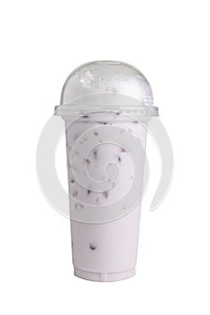 Isolated Front View of Iced Taro Milk Tea in plastic cup with plastic cap. Studio shot