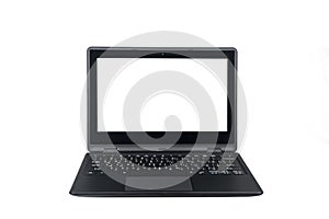 Isolated front view of a laptop computer with a white screen against white background, English Arabic QWERTY Keyboard