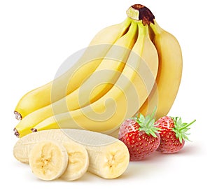 Isolated fruits. Banch of banana and slices with strawberries isolated on white, clipping path.