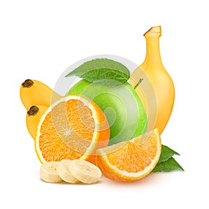 Isolated fruits. Cut green apples, bananas and orange fruits isolated on white background with clipping path