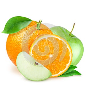 Isolated fruits. Cut green apples and orange fruits isolated on white background with clipping path