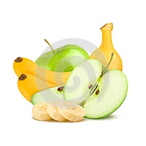 Isolated fruits. Green apples and bananas on white background.