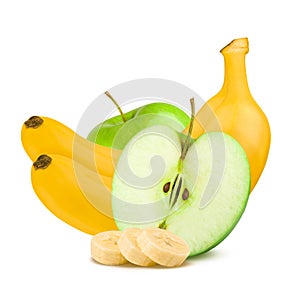 Isolated fruits. Green apples and bananas on white background.