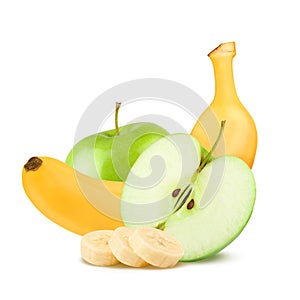 Isolated fruits. Green apples and bananas on white background.