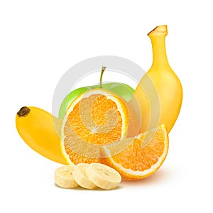 Isolated fruits. Green apples, oranges and bananas on white background.