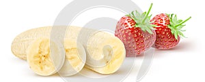 Isolated fruits. Half of banana and slices with strawberries isolated on white background, clipping path.