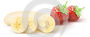 Isolated fruits. Peeled half of banana with slices and strawberries isolated on white, clipping path