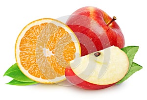 Isolated fruits. Red apple fruit with orange slice (cut) isolated on white with clipping path.