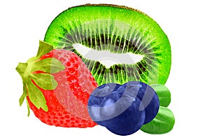 Isolated fruits. Strawberries, blueberries and kiwi isolated on
