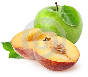 Isolated fruits. Two peach half slices with green apple fruit isolated on white with clipping path.
