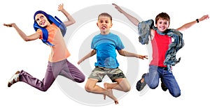 Isolated full length group portrait of running and jumping children