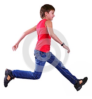 Isolated full length portrait of running jumping boy