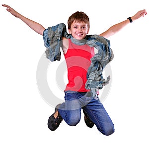 Isolated full length portrait of running jumping boy