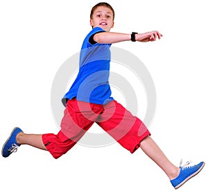 Isolated full length portrait of running jumping boy