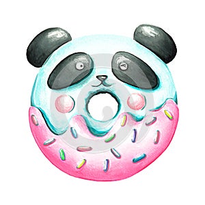 Isolated funny cartoon watercolor blue pink donut panda