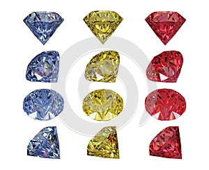 Isolated gemstones, diamonds, sapphires and rubies on transparent background, png