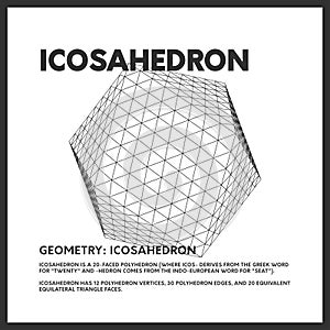 Isolated geometrical low poly icosahedron render. Vector monochrome illustration on light background. Original minimal linear d20
