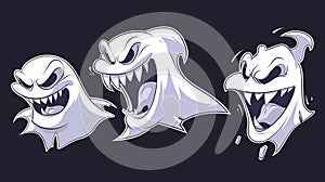 Isolated ghosts, spirits, and scary Halloween characters on black background. Modern cartoon illustration of a flying