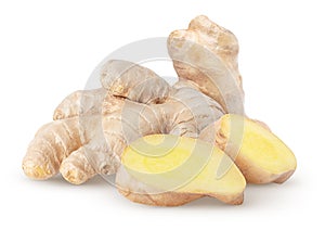 Isolated ginger. Raw ginger root with two slices isolated on white background, with clipping path.