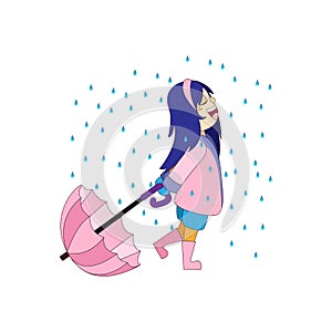 Isolated girl umbrella kids rain vector illustarion