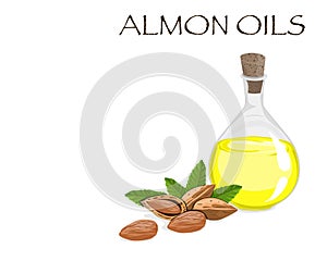 Isolated a glass bottle of almond oils and seeds with leaves decoration on white background.