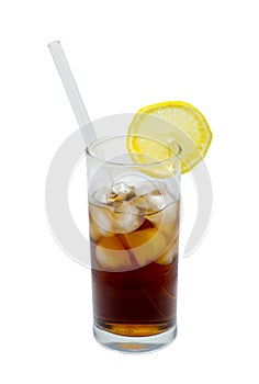 Isolated glass of cocktail or tea with glass drinking straw, ice and lemon. object, beverage.