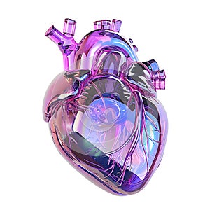 Anatomical heart, heart-shaped clock movement made of glass heart on white background, , insulated. glass morphism