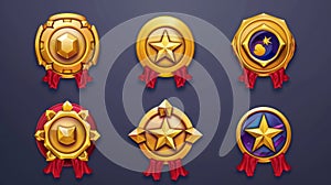 Isolated gold badges of different rankings on dark blue background. Modern illustration of round medals with star, red