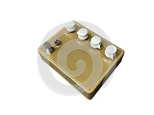 Isolated Gold boutique vintage Overdrive stomp box effect for electric guitar on white background.
