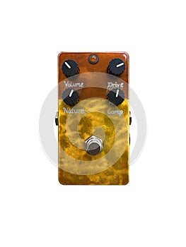 Isolated gold and brown vintage overdrive stomp box effect.
