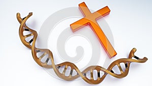 isolated gold Christianity cross and dna helix