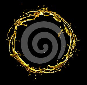 Isolated gold ring on a black background. Splash, water, liquid, drop, gold, precious