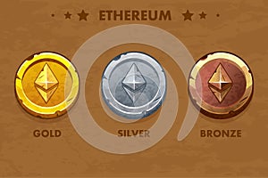 Isolated Gold, silver and bronze ethereum old coins. Digital or Virtual cryptocurrency. coin and electronic cash