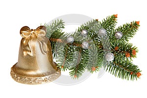 Isolated Golden Christmas Bell with Green Pine