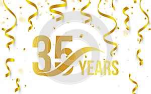 Isolated golden color number 35 with word years icon on white background with falling gold confetti and ribbons, 35th