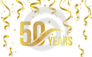 Isolated golden color number 50 with word years icon on white background with falling gold confetti and ribbons, 50th