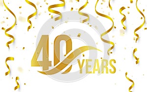 Isolated golden color number 40 with word years icon on white background with falling gold confetti and ribbons, 40th photo