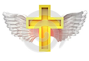 Isolated golden cross with angelic wings transport on white