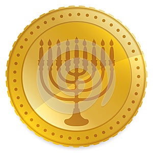 Isolated golden Hanukkah gelt decorated with Hanukkiah silhouette, Vector illustration