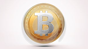 Isolated golden shiny Bitcoin coin on white background.