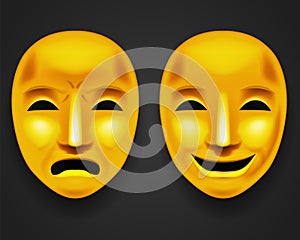 Isolated golden theatrical face mask sadness joy white actor play antique realistic 3d mock up design vector