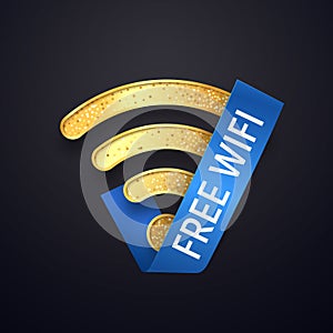 Isolated golden wifi vector icon with blue ribbon . Gold free wi fi wireless symbol. Textured wi-fi logo on dark background