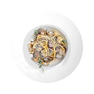 Isolated gourmet clams linguine pasta alle vongole photo