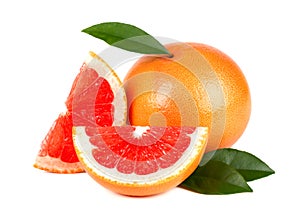 Pink grapefruit and slices isolated on white background with clipping path. Isolated grapefruits. Fresh grapefruit with