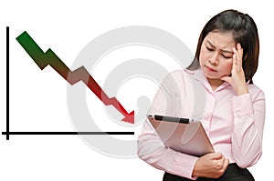 Isolated graph continues going down and business woman see table