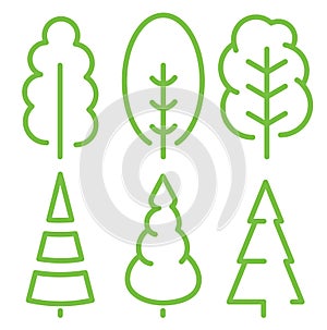 Isolated green color old tall trees illustrations. Lineart style vector forest icon and logo set. Park and garden flat