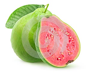 Isolated green guava with pink flesh